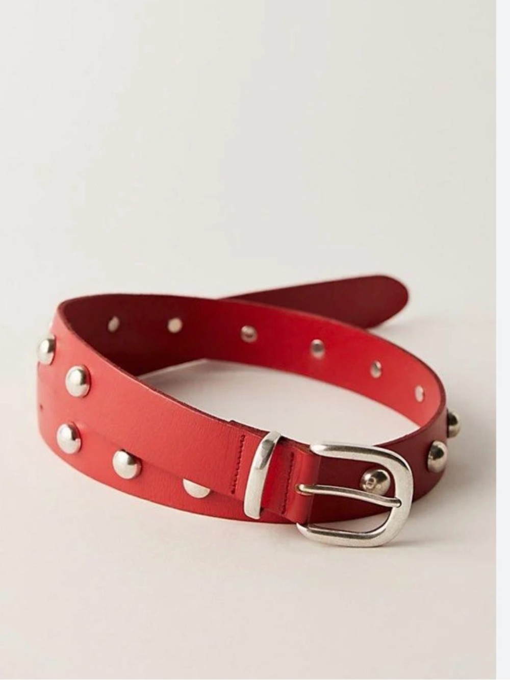 Free People Red Studded Leather Belt with Silver Hardware